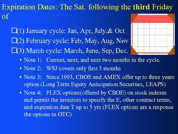 Expiration Dates: The Sat. following the third Friday of January cycle: Jan, Apr, July,