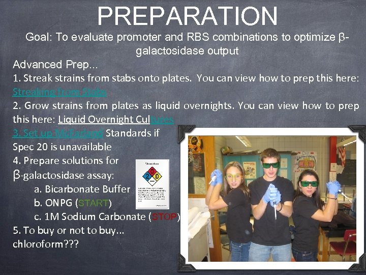 PREPARATION Goal: To evaluate promoter and RBS combinations to optimize βgalactosidase output Advanced Prep.