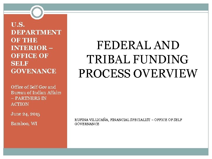 U. S. DEPARTMENT OF THE INTERIOR – OFFICE OF SELF GOVENANCE FEDERAL AND TRIBAL