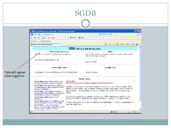 SGDB Tabs will appear when logged on 