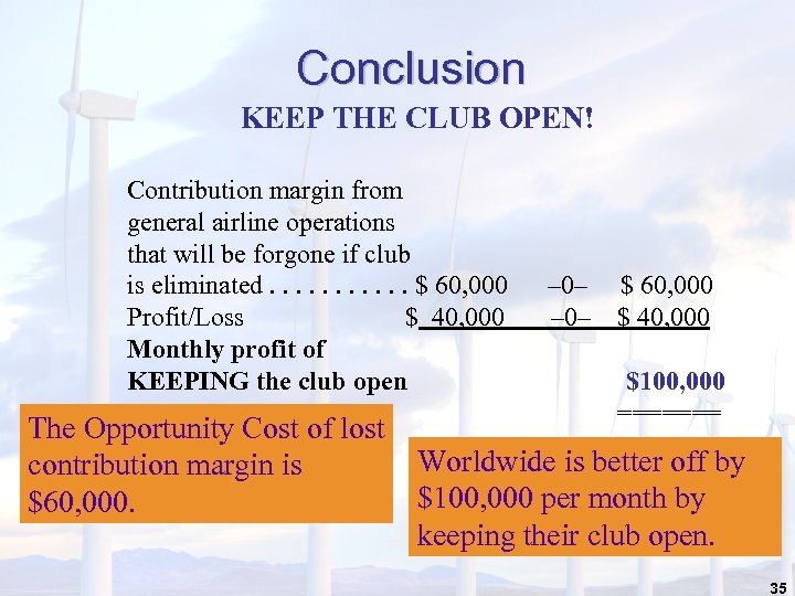 Conclusion KEEP THE CLUB OPEN! Contribution margin from general airline operations that will be