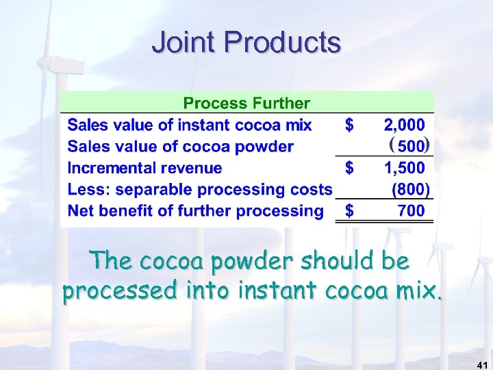 Joint Products ( ) The cocoa powder should be processed into instant cocoa mix.