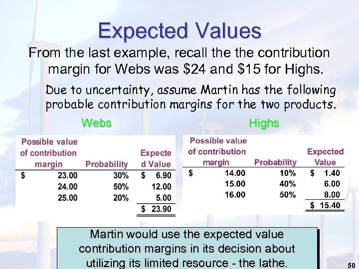 Expected Values From the last example, recall the contribution margin for Webs was $24