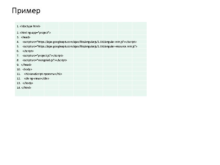 Пример 1. <!doctype html> 2. <html ng-app="project"> 3. <head> 4. <script src="https: //ajax. googleapis.