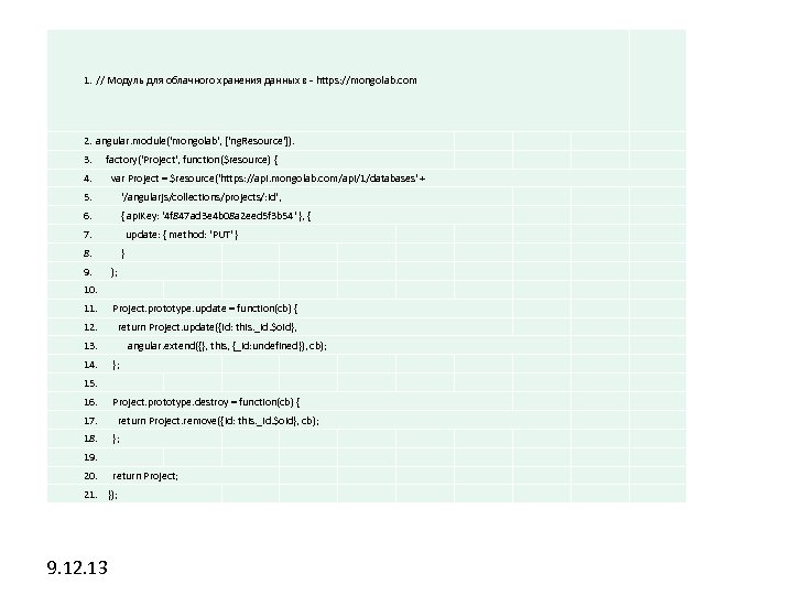 1. // Модуль для облачного хранения данных в - https: //mongolab. com 2. angular.
