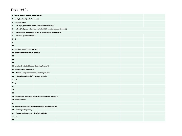 Project. js 1. angular. module('project', ['mongolab']). 2. config(function($route. Provider) { 3. $route. Provider. 4.