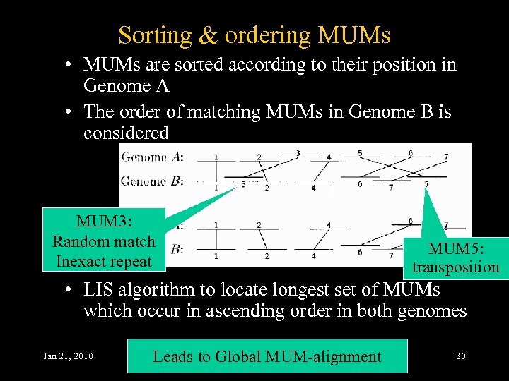 Sorting & ordering MUMs • MUMs are sorted according to their position in Genome