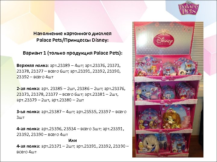 Наполнение картонного дисплея Palace Pets/Принцессы Disney: Вариант 1 (только продукция Palace Pets): Верхняя полка: