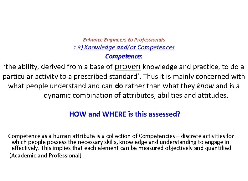 Enhance Engineers to Professionals 1 -3) Knowledge and/or Competences Competence: ‘the ability, derived from