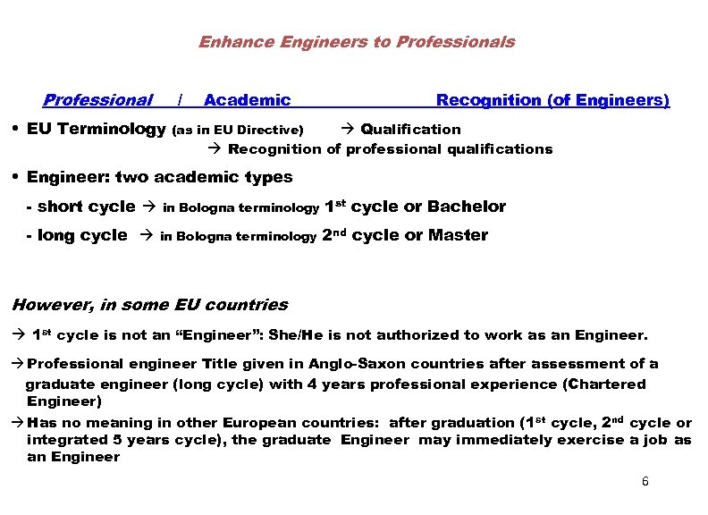 Enhance Engineers to Professionals Professional / • EU Terminology Academic (as in EU Directive)