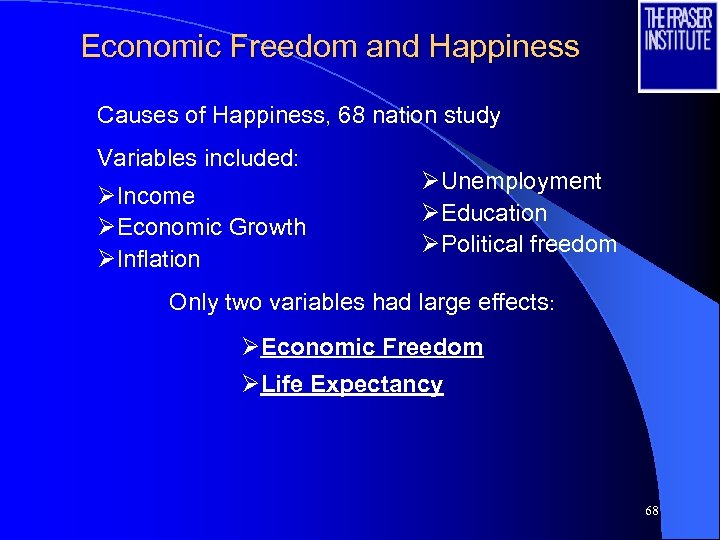 Economic Freedom and Happiness Causes of Happiness, 68 nation study Variables included: ØIncome ØEconomic