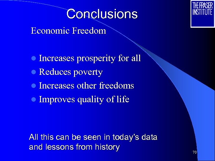 Conclusions Economic Freedom l Increases prosperity for all l Reduces poverty l Increases other