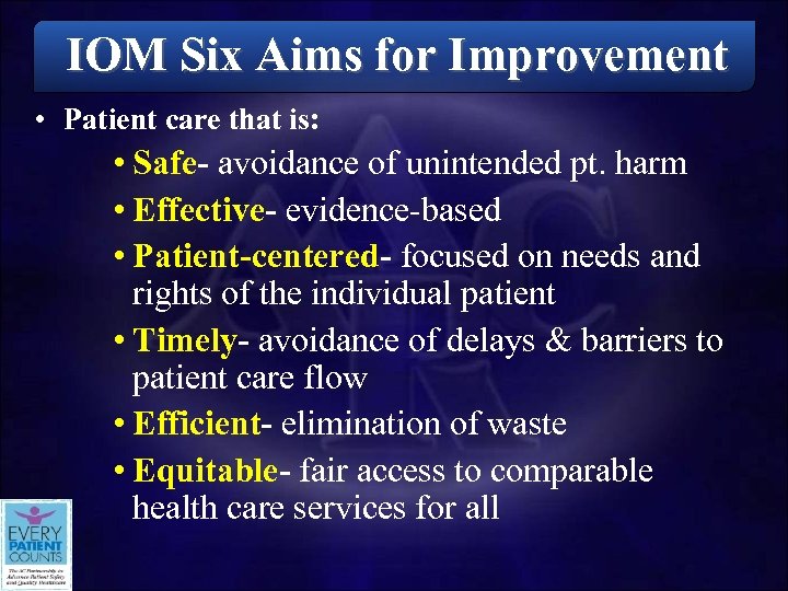 IOM Six Aims for Improvement IOM Six Aims • Patient care that is: •