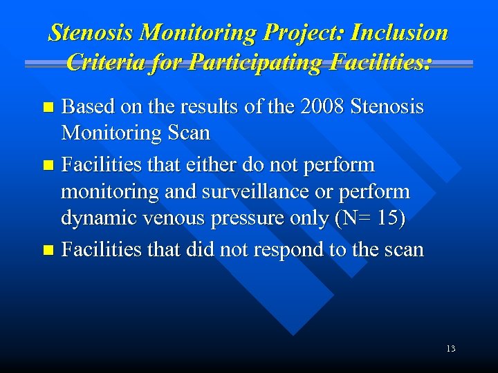 Stenosis Monitoring Project: Inclusion Criteria for Participating Facilities: Based on the results of the