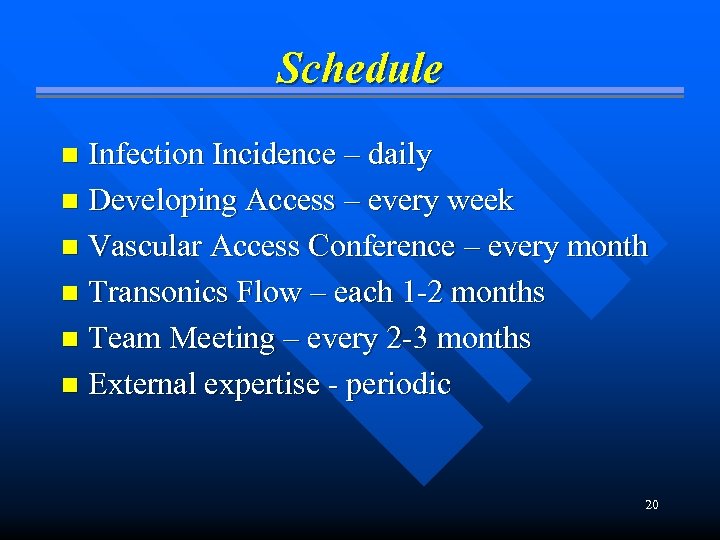 Schedule Infection Incidence – daily n Developing Access – every week n Vascular Access