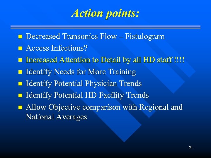 Action points: n n n n Decreased Transonics Flow – Fistulogram Access Infections? Increased