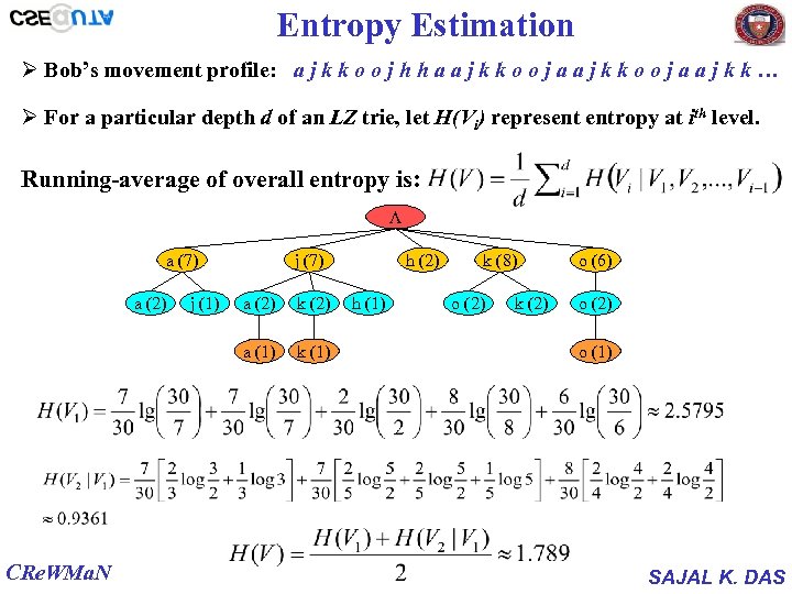 Entropy Estimation Ø Bob’s movement profile: a j k k o o j h