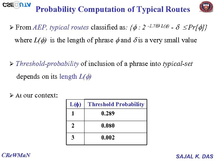 Probability Computation of Typical Routes Ø From AEP, typical routes classified as: { :