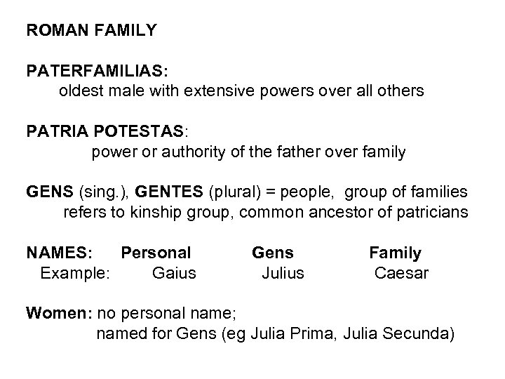 ROMAN FAMILY PATERFAMILIAS: oldest male with extensive powers over all others PATRIA POTESTAS: power