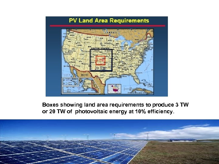 Boxes showing land area requirements to produce 3 TW or 20 TW of photovoltaic