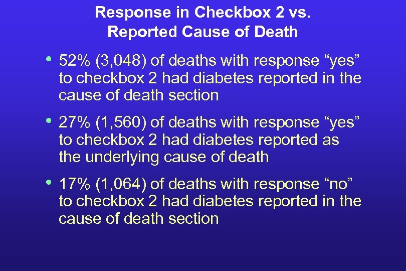 Response in Checkbox 2 vs. Reported Cause of Death • 52% (3, 048) of