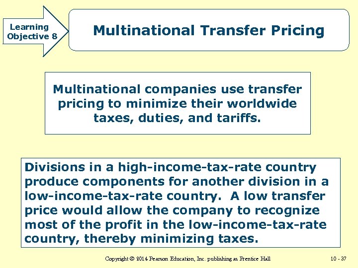 Learning Objective 8 Multinational Transfer Pricing Multinational companies use transfer pricing to minimize their