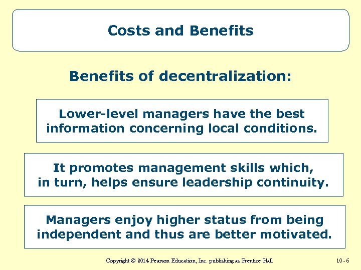 Costs and Benefits of decentralization: Lower-level managers have the best information concerning local conditions.