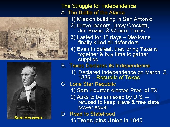 Sam Houston The Struggle for Independence A. The Battle of the Alamo 1) Mission