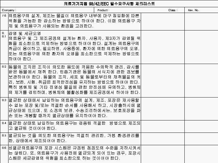 의료기기지침 93/42/EEC 필수요구사항 체크리스트 Company : 7. 6 8. 8. 1 8. 2 8.