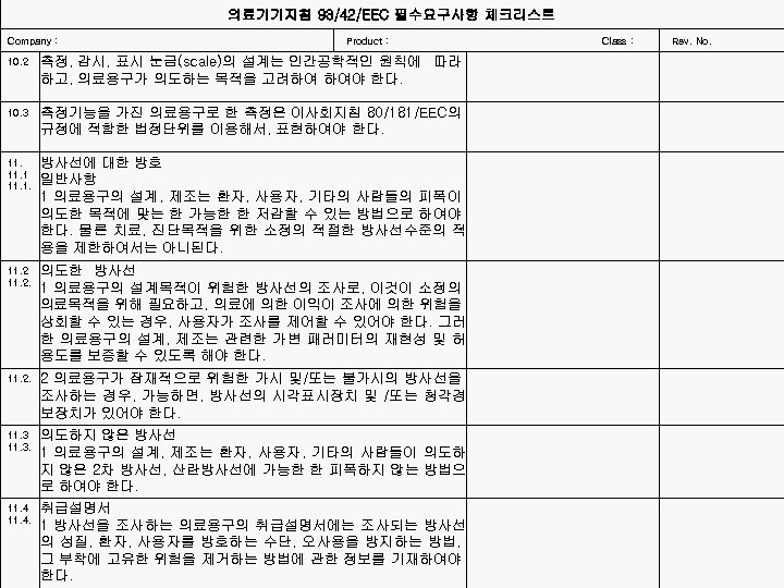 의료기기지침 93/42/EEC 필수요구사항 체크리스트 Company : 10. 2 10. 3 11. 1. 11. 2.