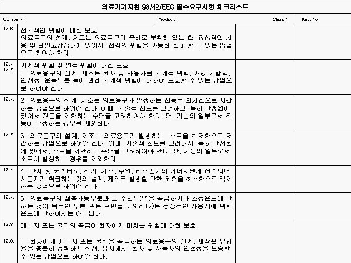 의료기기지침 93/42/EEC 필수요구사항 체크리스트 Company : 12. 6 12. 7. 12. 8. Product :