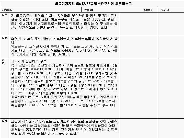 의료기기지침 93/42/EEC 필수요구사항 체크리스트 Company : 12. 8. 12. 9 13. 1 13. 2