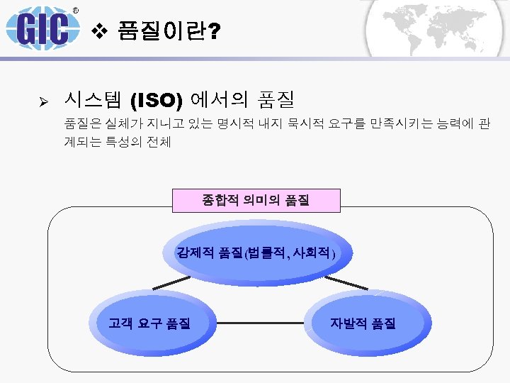 v 품질이란? Ø 시스템 (ISO) 에서의 품질 품질은 실체가 지니고 있는 명시적 내지 묵시적