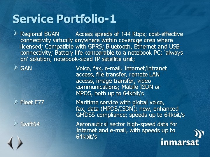 Service Portfolio-1 Regional BGAN Access speeds of 144 Kbps; cost-effective connectivity virtually anywhere within