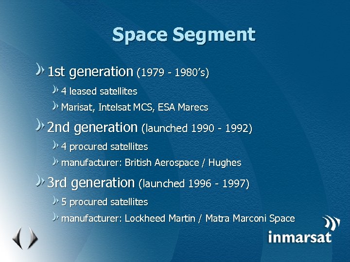 Space Segment 1 st generation (1979 - 1980’s) 4 leased satellites Marisat, Intelsat MCS,