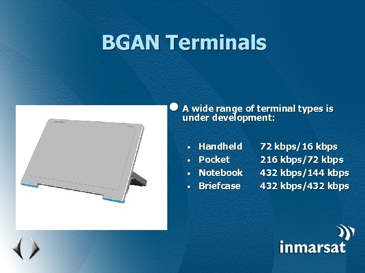 BGAN Terminals l A wide range of terminal types is under development: Handheld •