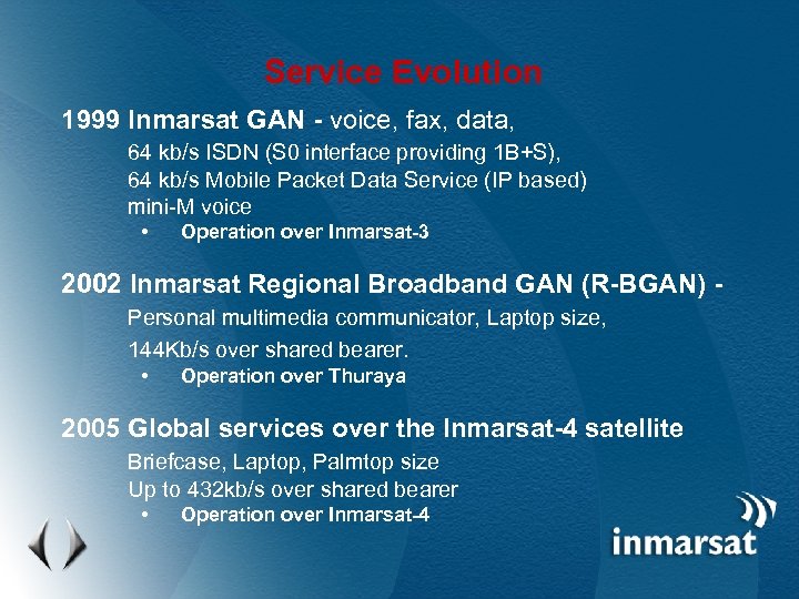 Service Evolution 1999 Inmarsat GAN - voice, fax, data, 64 kb/s ISDN (S 0