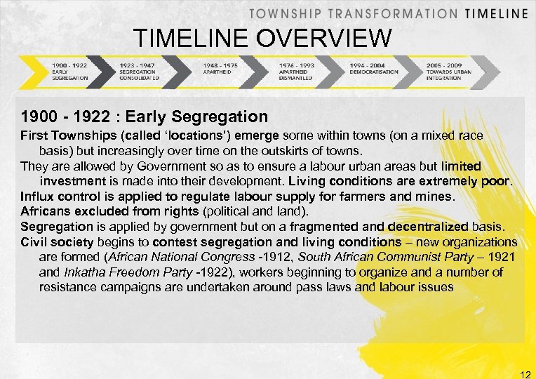 TIMELINE OVERVIEW 1900 - 1922 : Early Segregation First Townships (called ‘locations’) emerge some