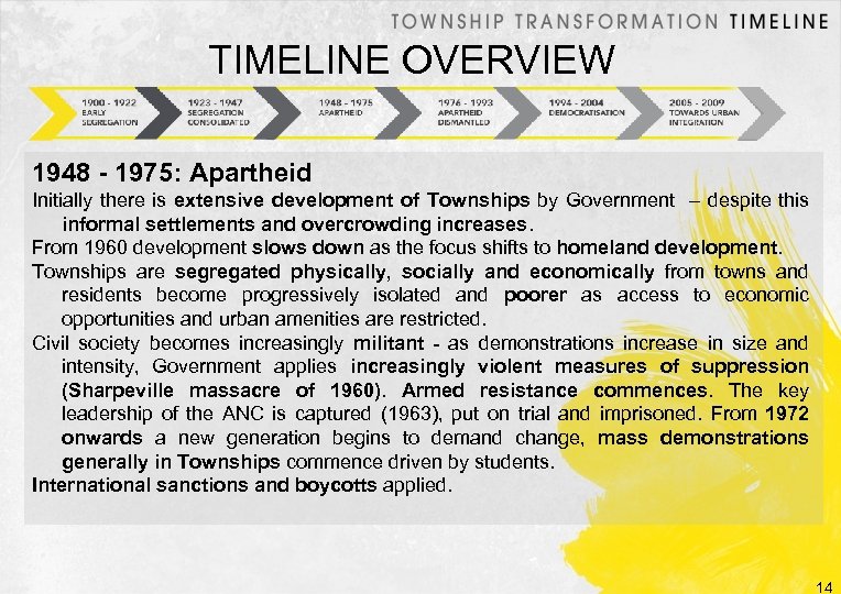 TIMELINE OVERVIEW 1948 - 1975: Apartheid Initially there is extensive development of Townships by