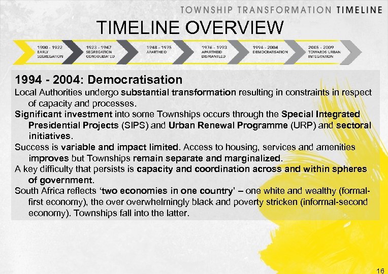 TIMELINE OVERVIEW 1994 - 2004: Democratisation Local Authorities undergo substantial transformation resulting in constraints