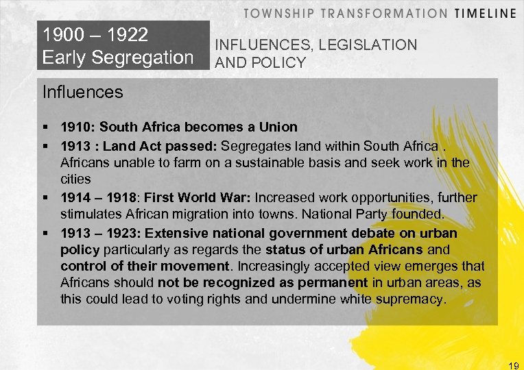 1900 – 1922 Early Segregation INFLUENCES, LEGISLATION AND POLICY Influences 1910: South Africa becomes