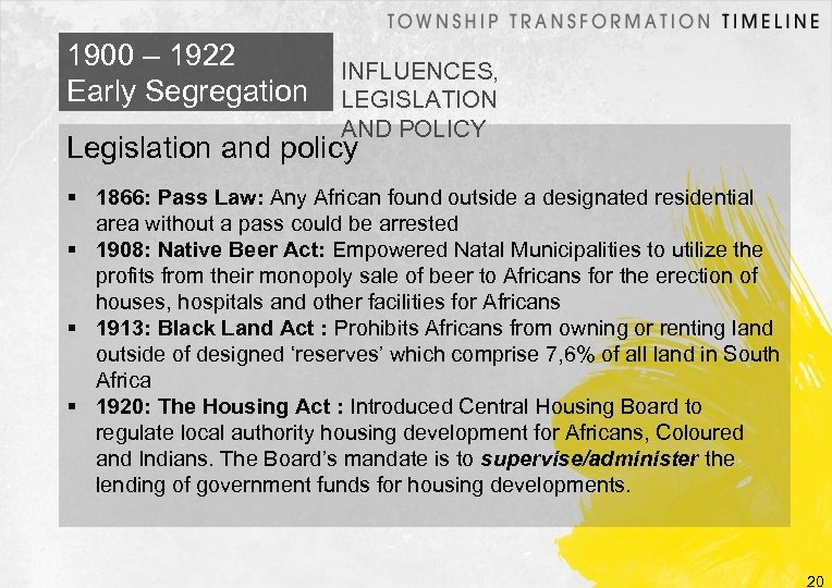 1900 – 1922 Early Segregation INFLUENCES, LEGISLATION AND POLICY Legislation and policy 1866: Pass