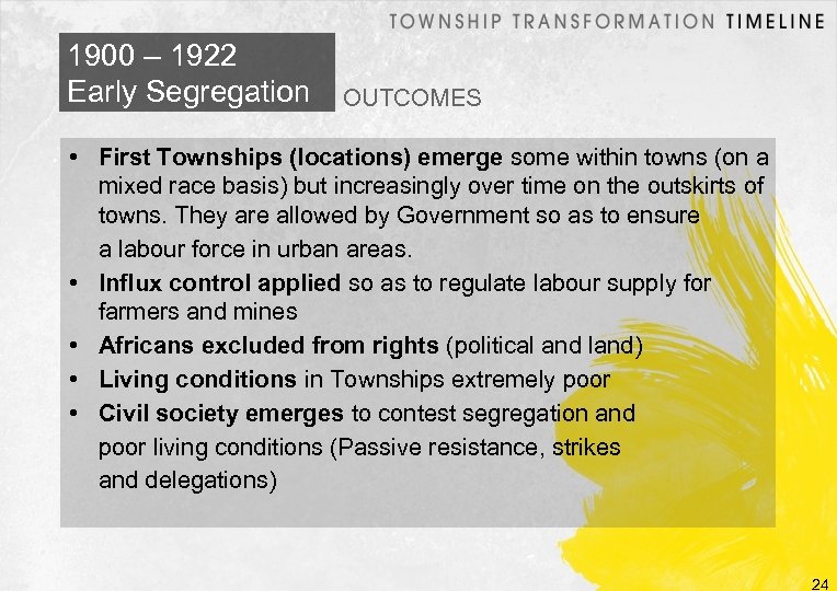 1900 – 1922 Early Segregation OUTCOMES • First Townships (locations) emerge some within towns