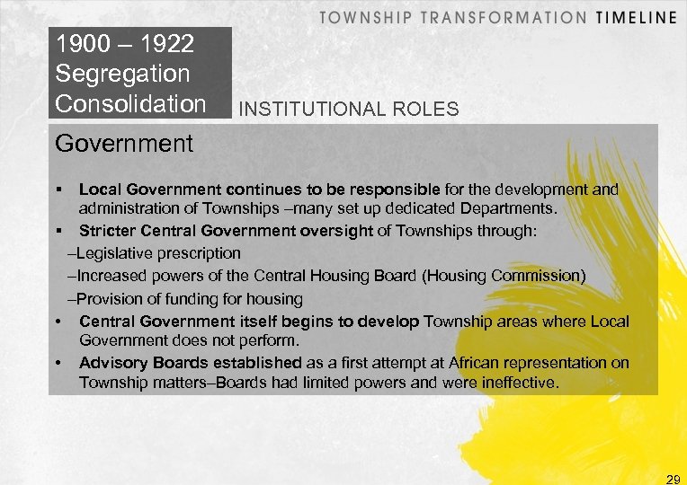 1900 – 1922 Segregation Consolidation INSTITUTIONAL ROLES Government Local Government continues to be responsible