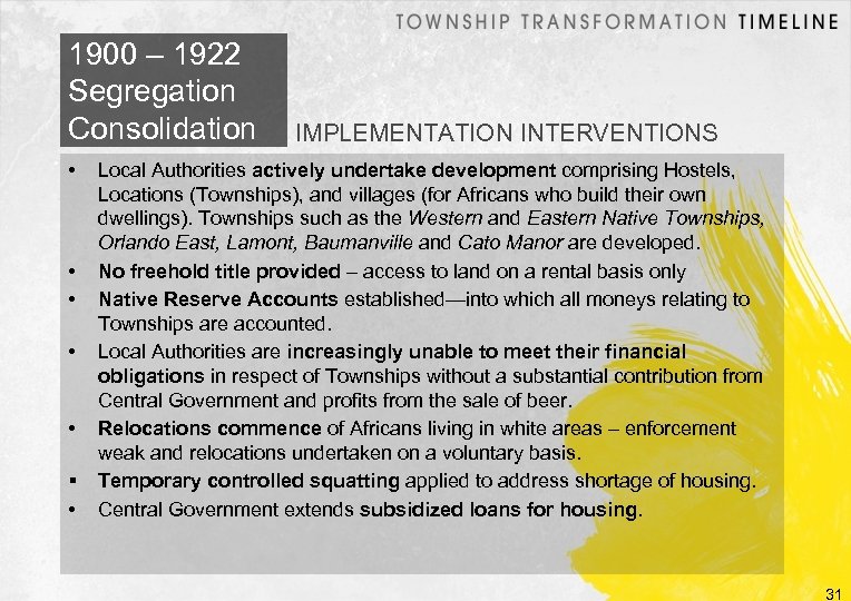 1900 – 1922 Segregation Consolidation • • • • IMPLEMENTATION INTERVENTIONS Local Authorities actively