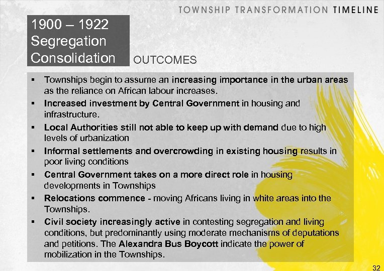 1900 – 1922 Segregation Consolidation OUTCOMES Townships begin to assume an increasing importance in