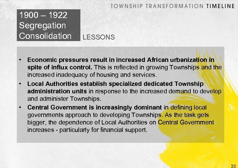 1900 – 1922 Segregation Consolidation LESSONS • Economic pressures result in increased African urbanization