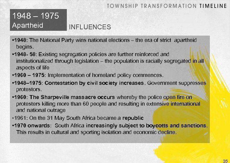 1948 – 1975 Apartheid INFLUENCES • 1948: The National Party wins national elections –