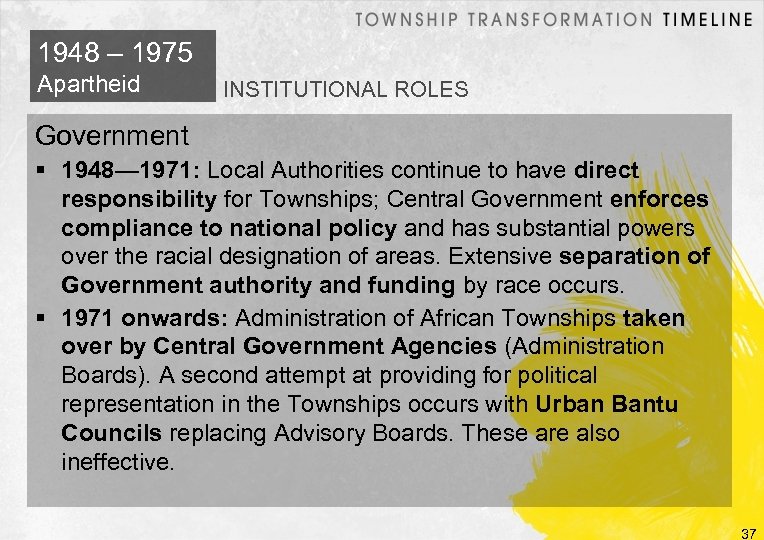 1948 – 1975 Apartheid INSTITUTIONAL ROLES Government 1948— 1971: Local Authorities continue to have