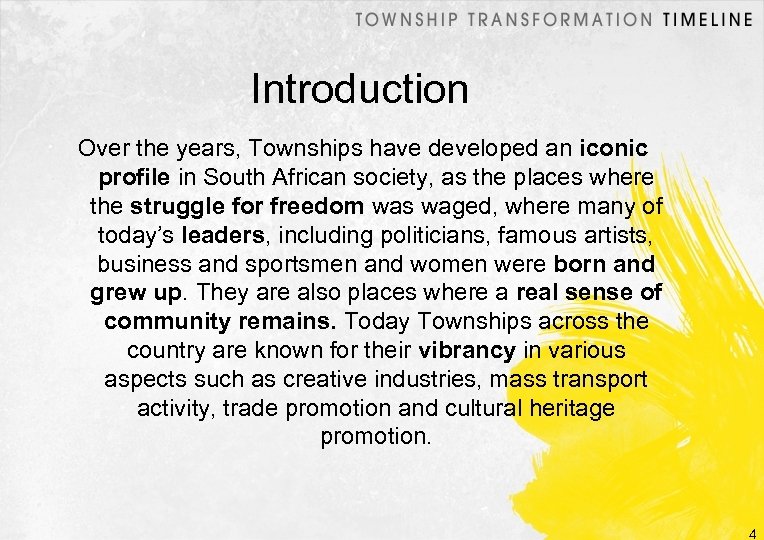 Introduction Over the years, Townships have developed an iconic profile in South African society,